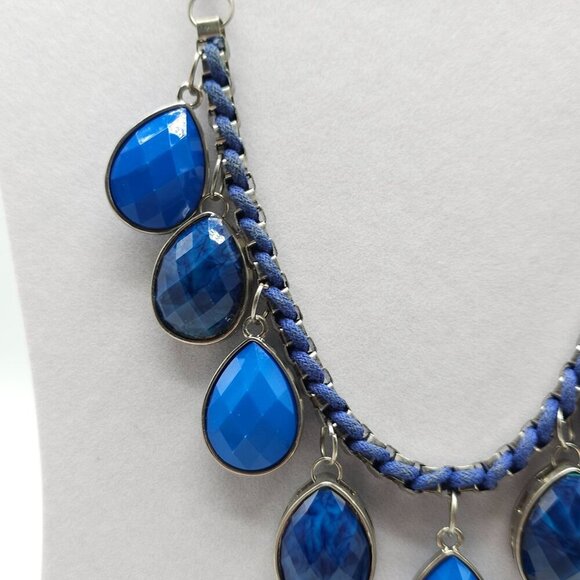 Blue Teardrop Statement Necklace Matching Earrings Set Silver Tone - Picture 2 of 9